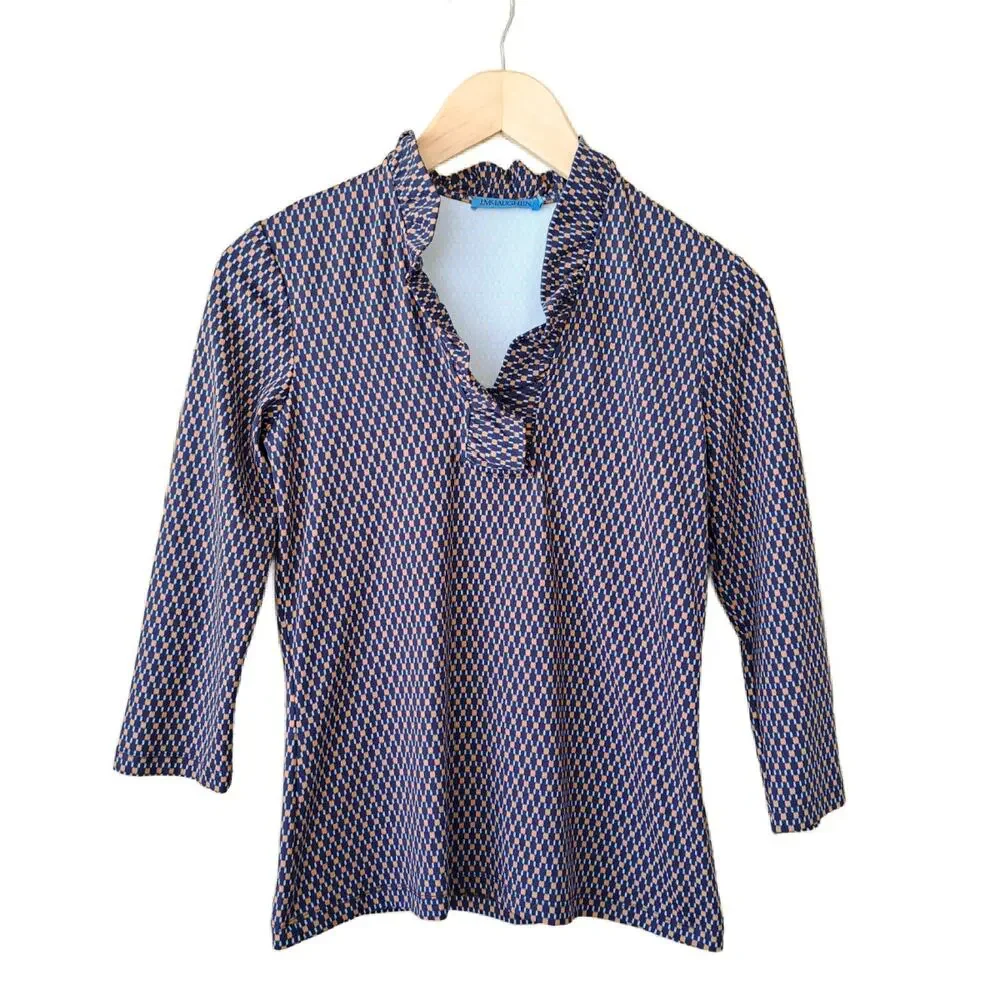 J McLaughlin Durham Ruffle Top Navy Blue Brown Geo Print XS Preppy 3/4 Sleeve